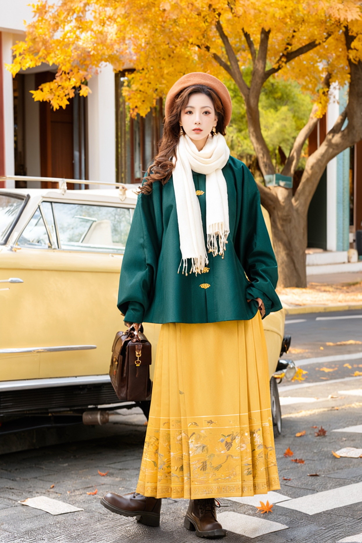 04394-642251189-, bag, solo, outdoors, scarf, skirt, long hair, hat, white scarf, beret, road,holding, car, brown hair, red headwear,  street, f.png